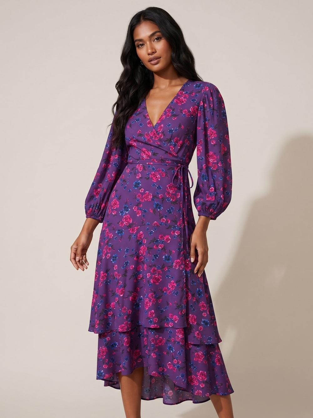 Renata Gasparian Floral Wrap Midi Dress Tiered Puff Long Sleeve Purple Sz S